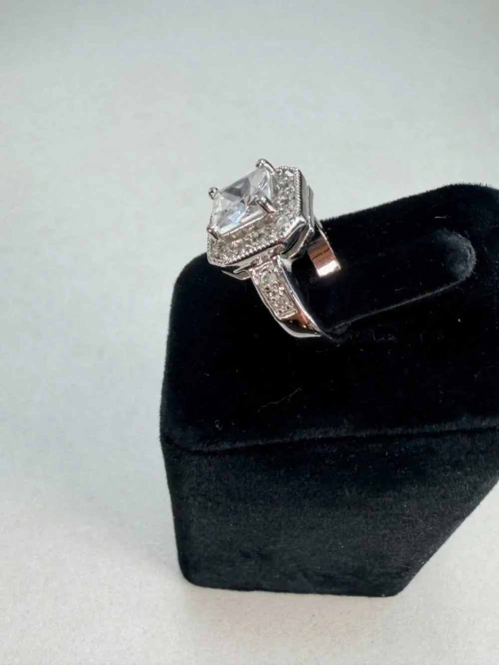 Princess Cut Halo CZ Engagement Style Ring Silver Tone Size 7 Sparkling